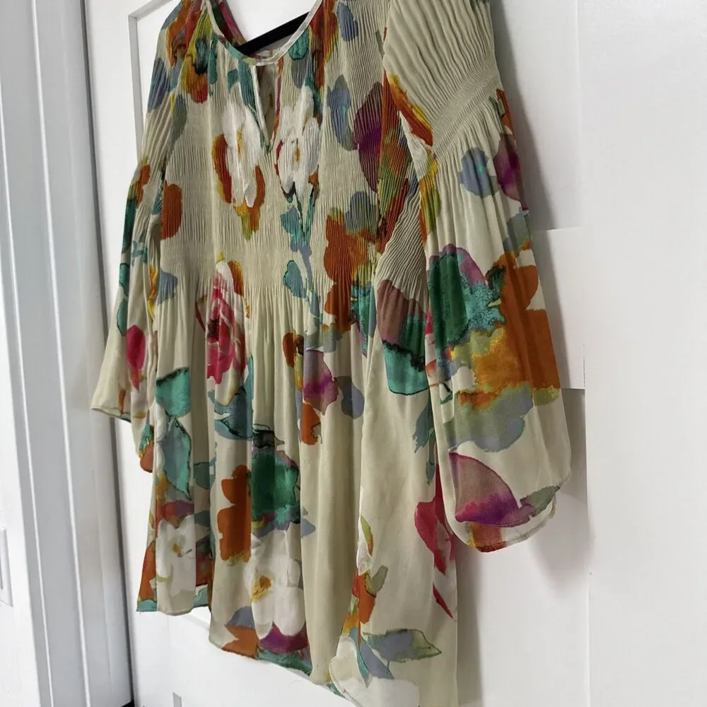 SPENSE Muted Floral Blouse - Blue Teal Pink - 3/4 Sleeves Ladies Med